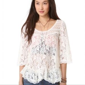 Free People (Women’s Small) Ivory Sheer Lace 3/4 Length Sleeve Baby Doll Blouse